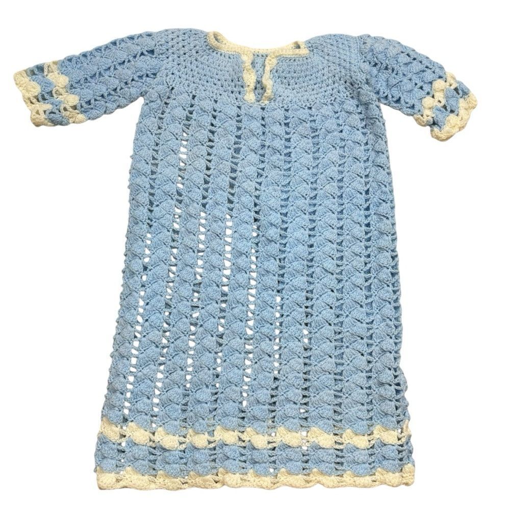 Hand Crocheted Infant Gown Ivory and‎ Blue
